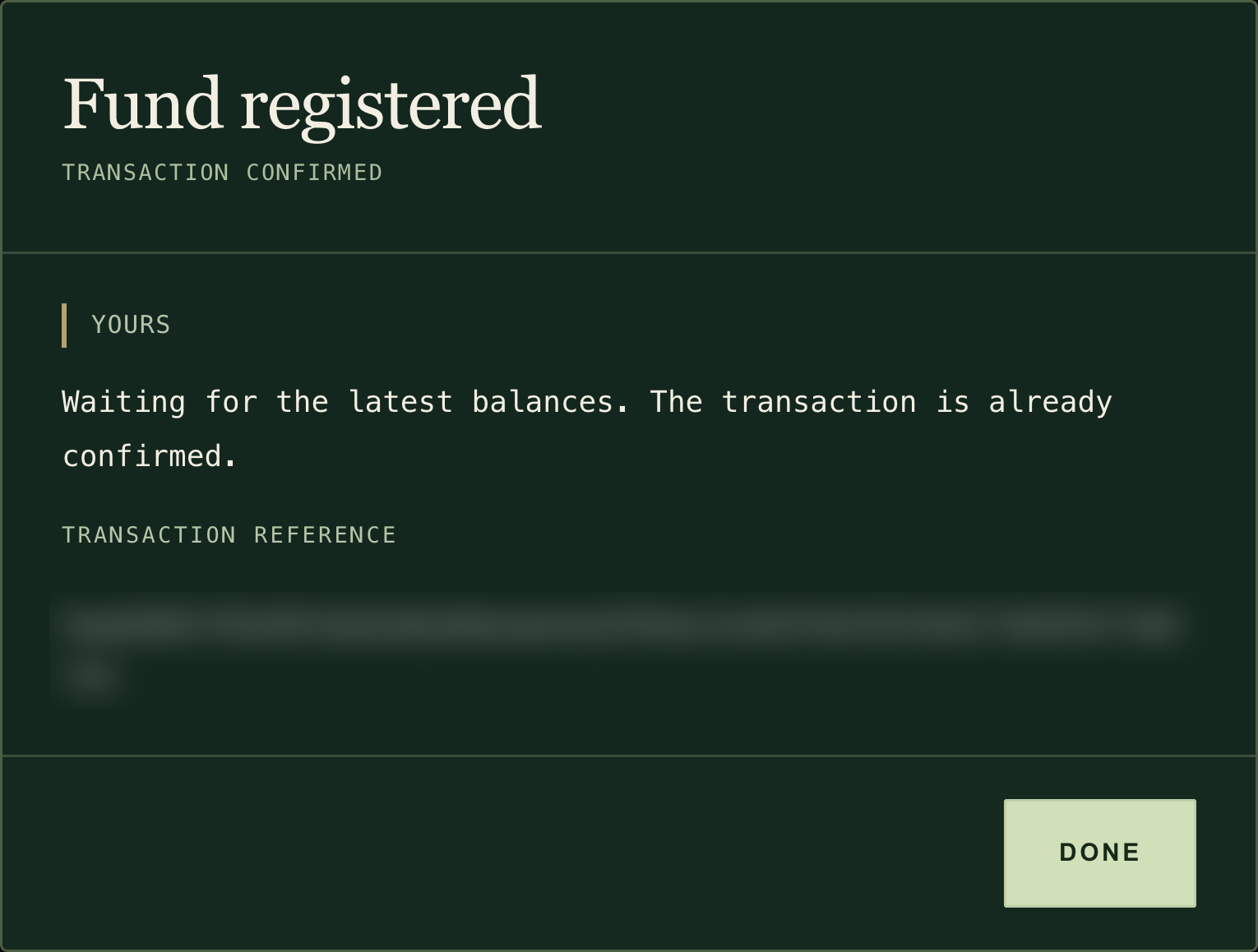 Fund registered receipt with TRANSACTION CONFIRMED and the transaction reference